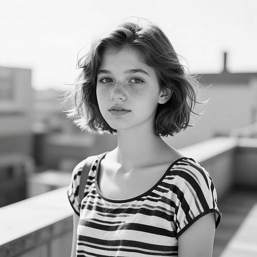 Black-and-white photograph of a young woman with short, dark, wavy hair, wearing a striped shirt, standing outdoors with a blurred urban background.