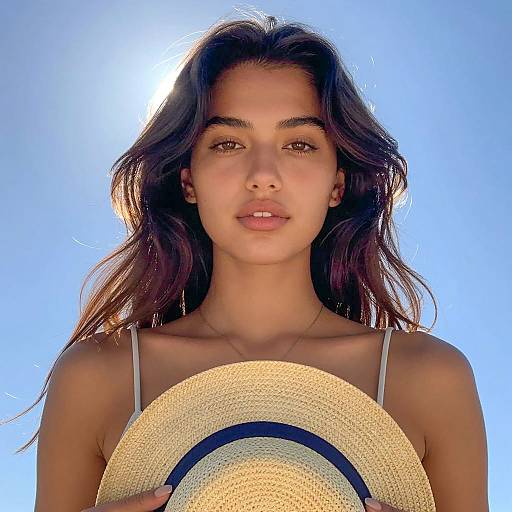 Young Woman Holding Straw Hat Outdoors