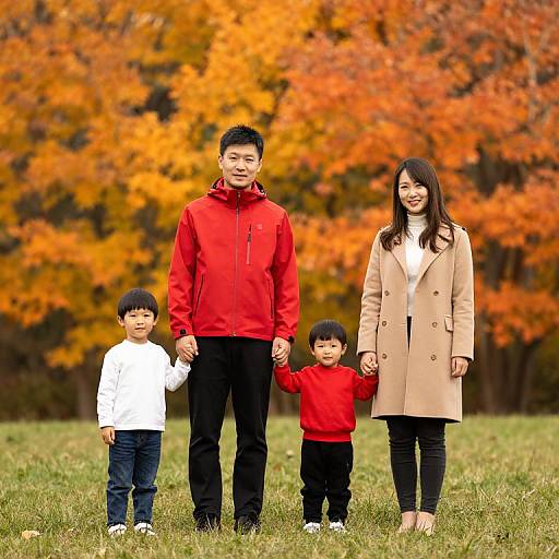 Photograph of an Asian family with two adults and three children, standing in a grassy field, holding hands, against a backdrop of vibrant autumn trees
