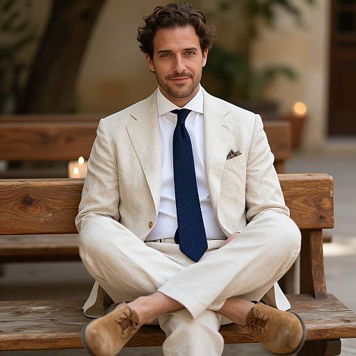 Photograph of a handsome man with curly brown hair, light beard, wearing a white suit, navy tie, and brown loafers, sitting cross-legged