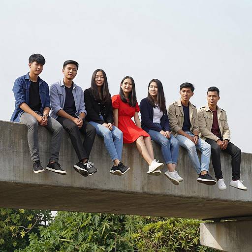 Group of Young Adults Sitting on Concrete Bridge Edge