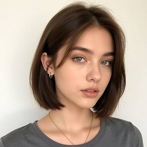 Photorealistic digital portrait of a young woman with fair skin, dark brown shoulder-length hair, green eyes, wearing a gray shirt and gold necklace,