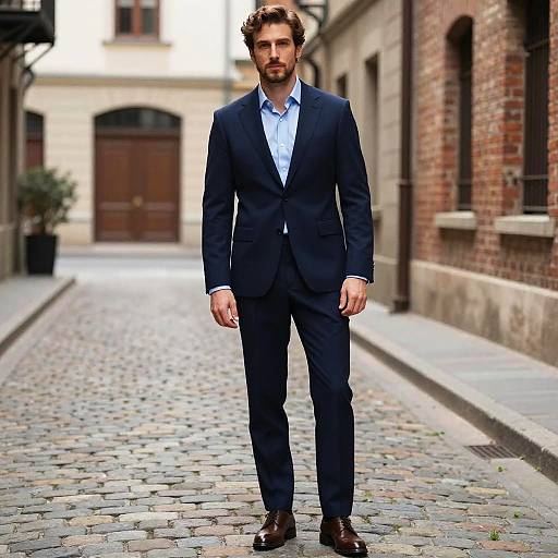 Confident Man in Classic Cobblestone Alley