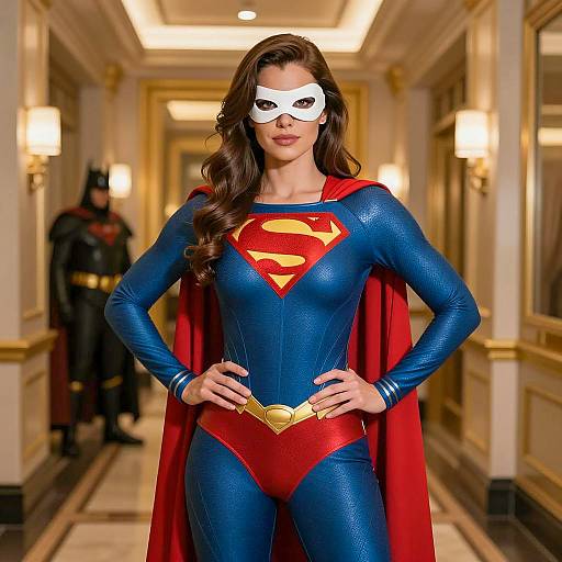 Confident Female Superhero in Opulent Hallway