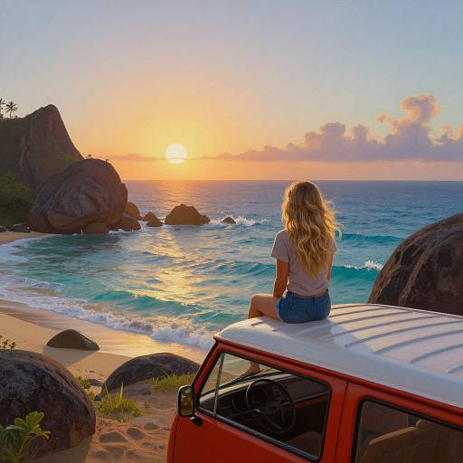Photograph of a blonde woman with wavy hair, wearing a white shirt and blue shorts, sitting on an orange jeep, watching a vibrant sunset over