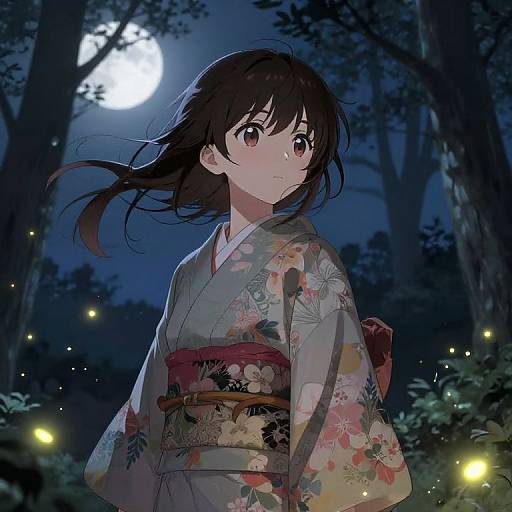Anime-style digital drawing of a young woman in a floral kimono, standing in a moonlit forest, with glowing fireflies.