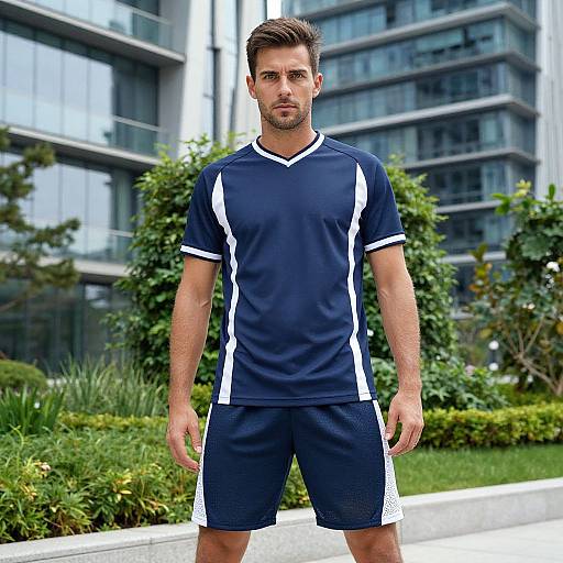 Photograph of a muscular, handsome man with short brown hair, wearing a navy blue soccer uniform with white accents, standing in a modern urban park with