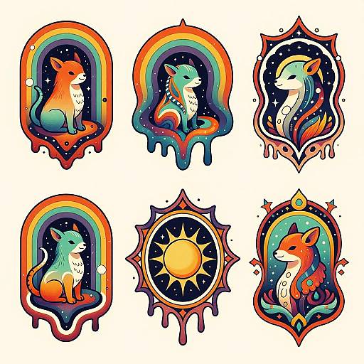 Vibrant digital illustrations of six stylized foxes, each in colorful, abstract, rainbows-and-stars-themed frames, with dripping edges and celestial