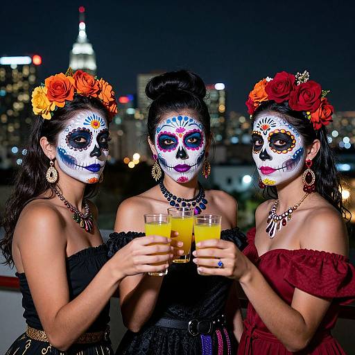 Three women with Day of the Dead face paint, floral crowns, and colorful dresses, toasting in a nighttime cityscape.