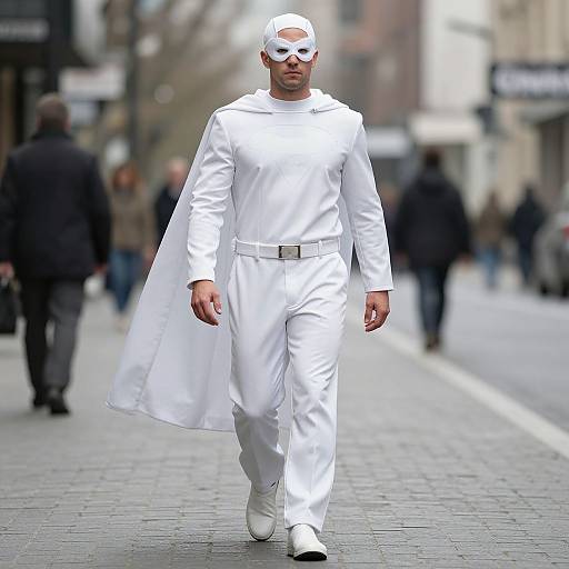Photograph of a man in white long-sleeve suit, white mask, white cap, and white shoes with a long white coat, walking on