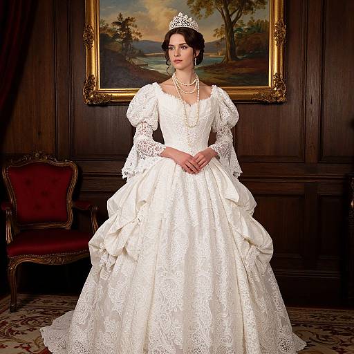 Photograph of a elegant woman in a detailed white lace wedding gown with puffed sleeves, pearl necklace, tiara, standing in a wood-paneled