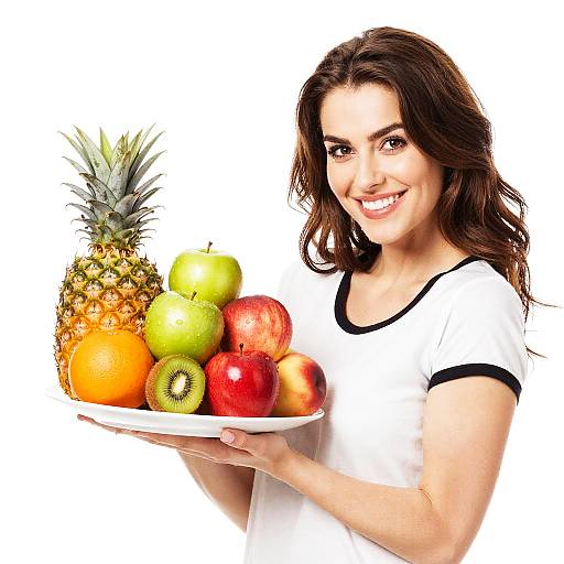 Smiling Woman with Colorful Fruit Plate