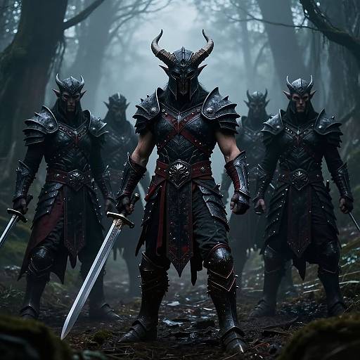Photorealistic CGI of four dark, horned armored warriors with glowing eyes in a misty forest, holding swords, standing menacingly.
