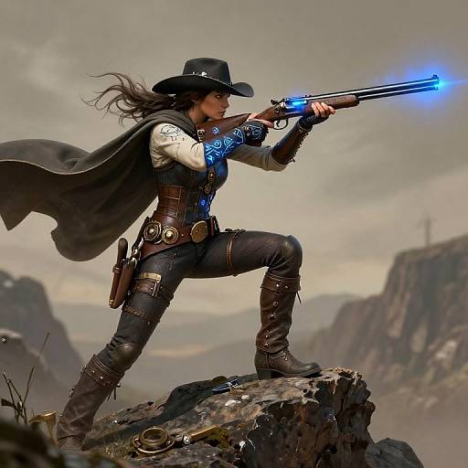 Digital art of a fierce female cowboy in a black hat, firing a glowing blue gun from a rocky cliff, wearing dark leather and buckled gear,