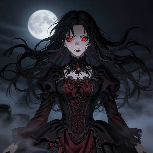 Digital anime-style illustration of a pale, red-eyed vampire woman with long black hair, wearing a dark red and black gothic dress, standing under a