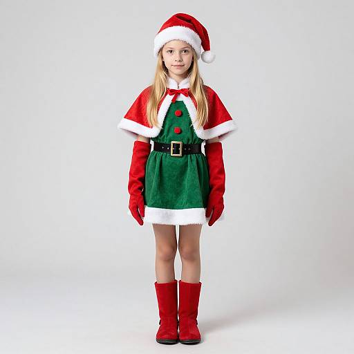 Photograph of a young blonde girl in a Santa outfit: red cape, green dress, black belt, red gloves, boots, and hat, standing