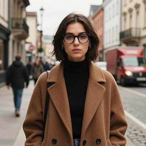 Photograph of a young woman with short brown hair, black glasses, wearing a brown wool coat and black turtleneck, standing on a cobble