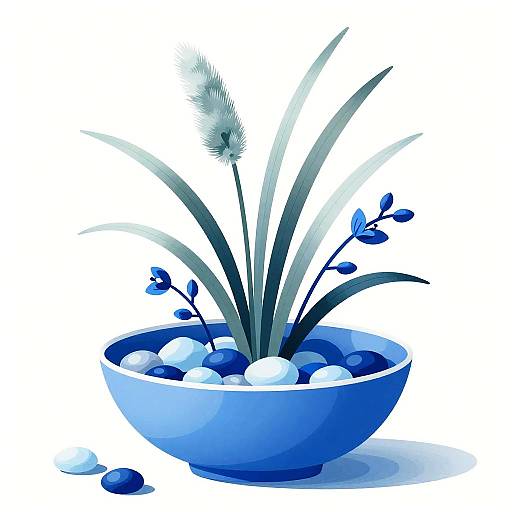 Modern Still Life with Blue Porcelain Bowl and Reeds