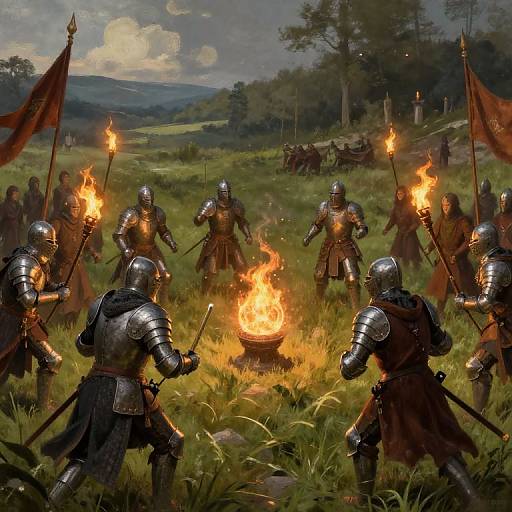 Digital painting of medieval knights in silver armor with torches around a campfire in a grassy, wooded field under a cloudy sky.