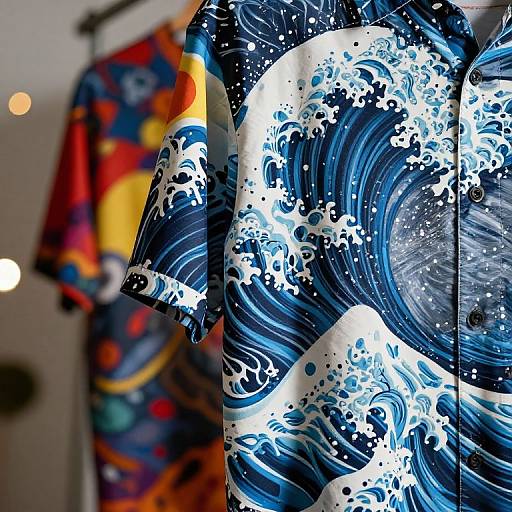 Photograph of two colorful, patterned shirts; foreground features a blue and white wave design, background displays a vibrant, multicolored print.