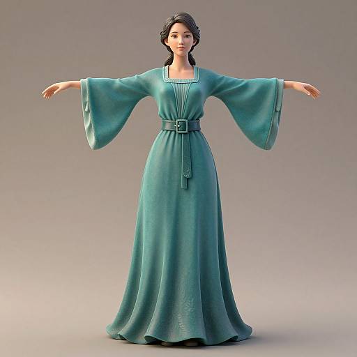 Photorealistic CGI of a fair-skinned woman with dark hair, wearing a long, teal, floor-length dress with wide sleeves and a belt,