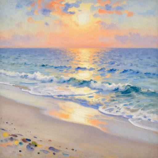 Digital painting of a serene beach at sunset, with vibrant orange and yellow sun reflecting on gentle ocean waves and sandy shore.