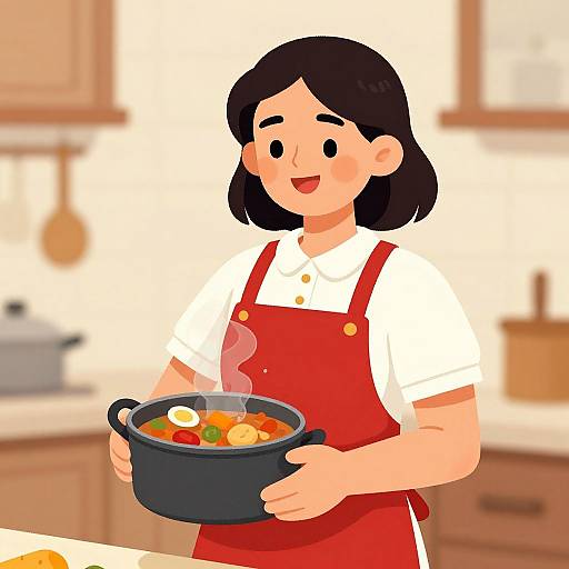 Cheerful Woman with Steaming Stew