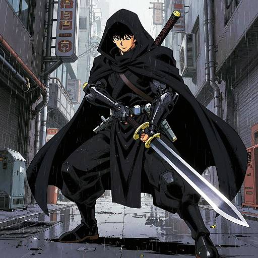 Stealthy Mech Ronin in Rainy Alley