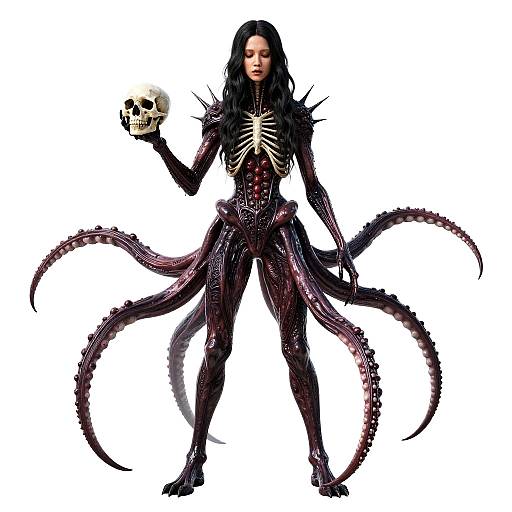 Digital artwork of a dark-haired woman with black, scaly, tentacle-like limbs, wearing a skeletal chest piece, holding a skull in her right