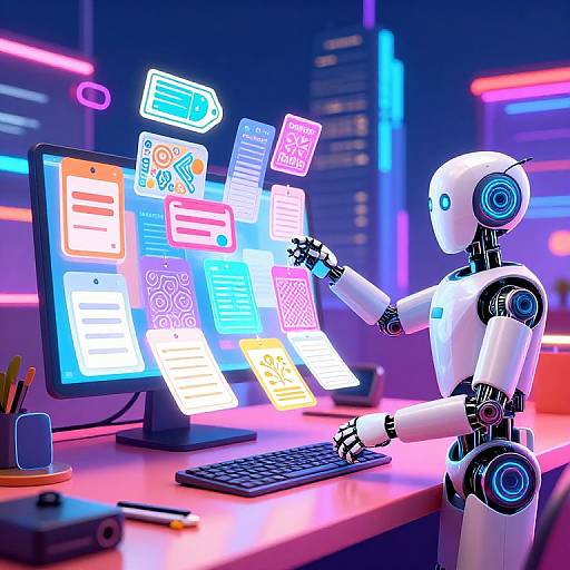 Neon-lit futuristic scene: white robotic figure interacts with colorful floating app icons above a computer monitor on a pink desk.