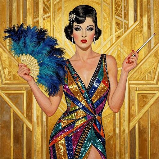 Art Deco illustration of a glamorous woman in a sequined, multicolored dress, holding a blue feather fan and cigarette, against a golden geometric