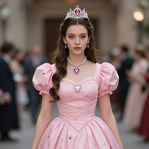Photograph of a young woman in a pink, heart-embroidered princess gown with puffed sleeves, silver tiara, and heart-shaped necklace