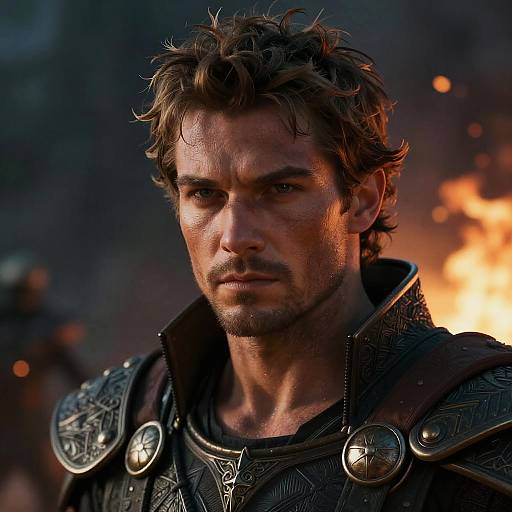 Photorealistic close-up of rugged, bearded man with messy brown hair, intense expression, wearing ornate black armor, against fiery background.