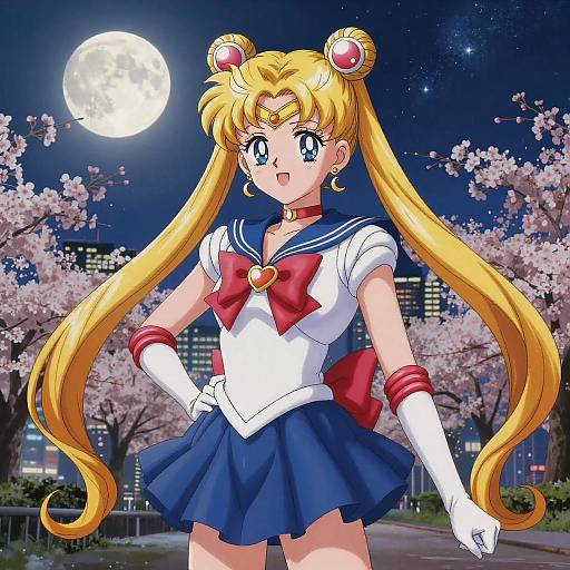 Anime-style digital drawing of Sailor Moon with long blonde twin-tails, blue skirt, white top, and red bow, under a full moon, cherry