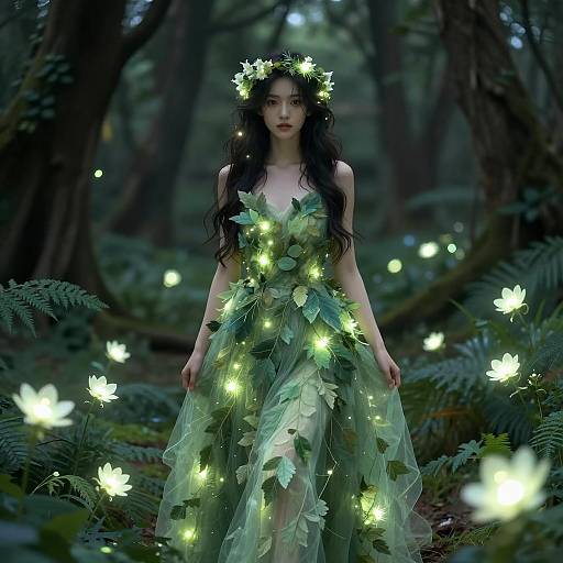 Mystical Woman in Glowing Leaf Dress in Forest