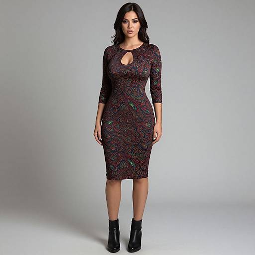 Photograph of a curvy woman with medium skin tone and long black hair, wearing a black, patterned, long-sleeve, knee-length