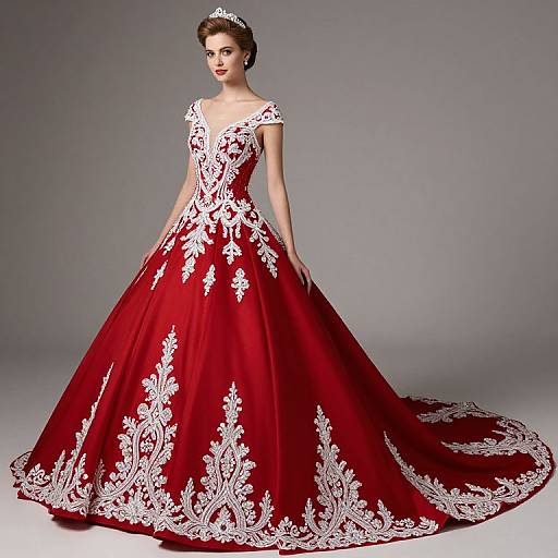 Photograph of a fair-skinned woman in an elegant, red, full-length gown with white floral lace detailing, wearing a silver tiara, standing