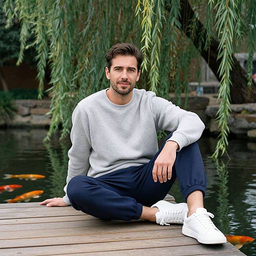 Photograph of a bearded man with short dark hair, wearing a gray sweatshirt, black pants, and white sneakers, sitting on a wooden dock