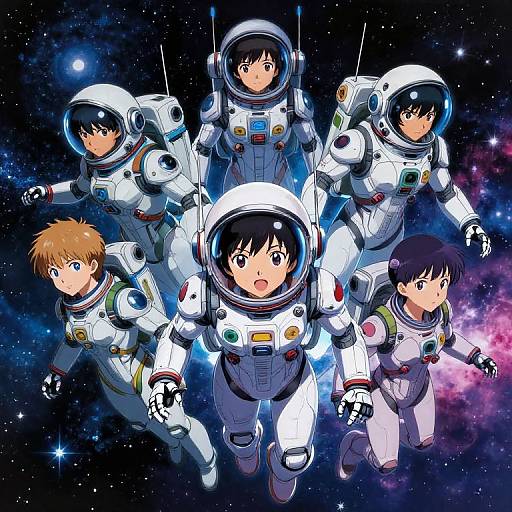 Anime-style illustration of five young astronauts in white space suits floating in a starry, colorful outer space background. Each character has distinct hair colors and expressions