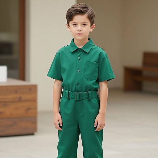 Photograph of a young boy with short brown hair, wearing a green button-up uniform with a belt, standing indoors against a blurred wooden and white background