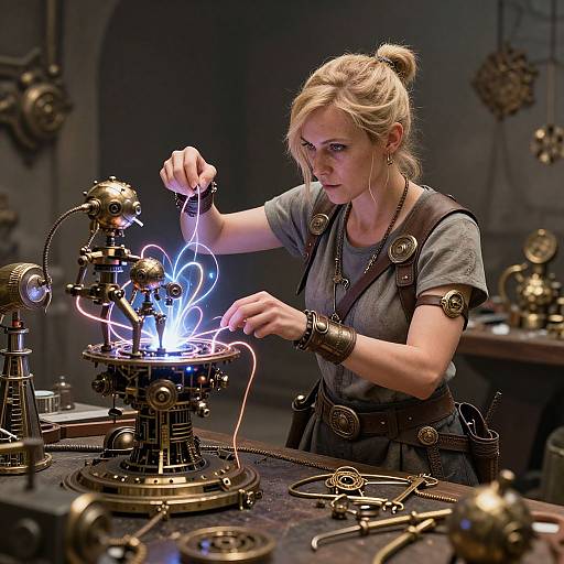 Photograph of a blonde woman with a bun, wearing steampunk attire, carefully winding glowing blue wires on intricate brass machinery in a dimly lit