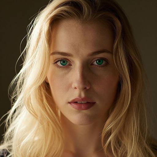 Photograph of a blonde woman with green eyes, light skin, and wavy hair, illuminated by soft light against a dark background.