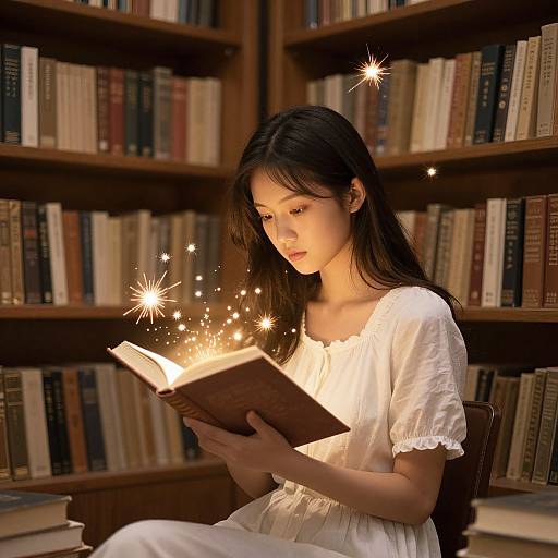 Asian woman with long black hair, wearing a white dress, reading a glowing book in a dimly lit library with bookshelves.