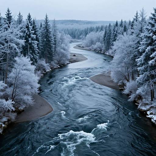Aerial photograph of a winding, icy river flowing through a forest of snow-covered trees, with white froth on the water.