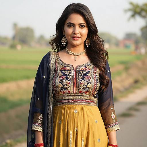 Photograph of a beautiful Indian woman with long black hair, wearing an intricately embroidered yellow and black outfit, standing in a sunny rural field.