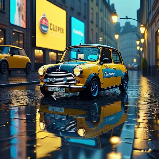 Classic Yellow Mini Cooper on Rainy Street
