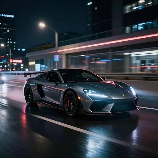 Photograph of a sleek, silver Lamborghini Huracán racing at night on a wet, reflective city street, illuminated by vibrant neon lights and blurred
