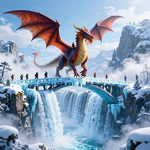 Digital fantasy artwork of a red dragon with wings on a snowy, icy bridge over a cascading waterfall, with small figures walking below. Bright blue sky
