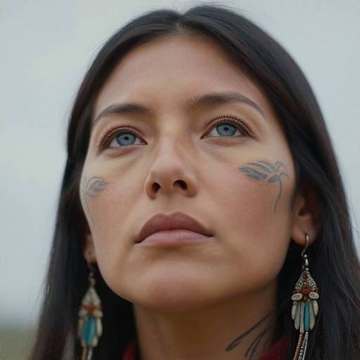 Close-up photograph of a Native American woman with long black hair, blue eyes, feather earrings, and tribal tattoos under her eyes, looking upward. Background