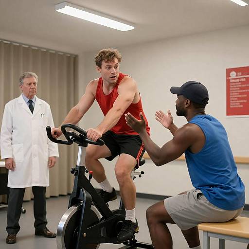 Man Exercising on Stationary Bike with Trainer and Doctor